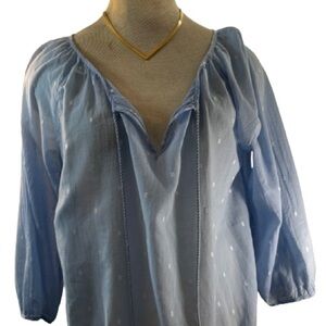 J Crew Blue Embroidered Dot Cotton Tassel Peasant Blouse